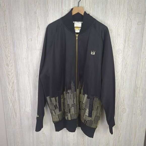 PNB Nation Black Satin Bomber Jacket Gold Thread NYC Skyline Embroidery Size 4XL - Picture 2 of 10